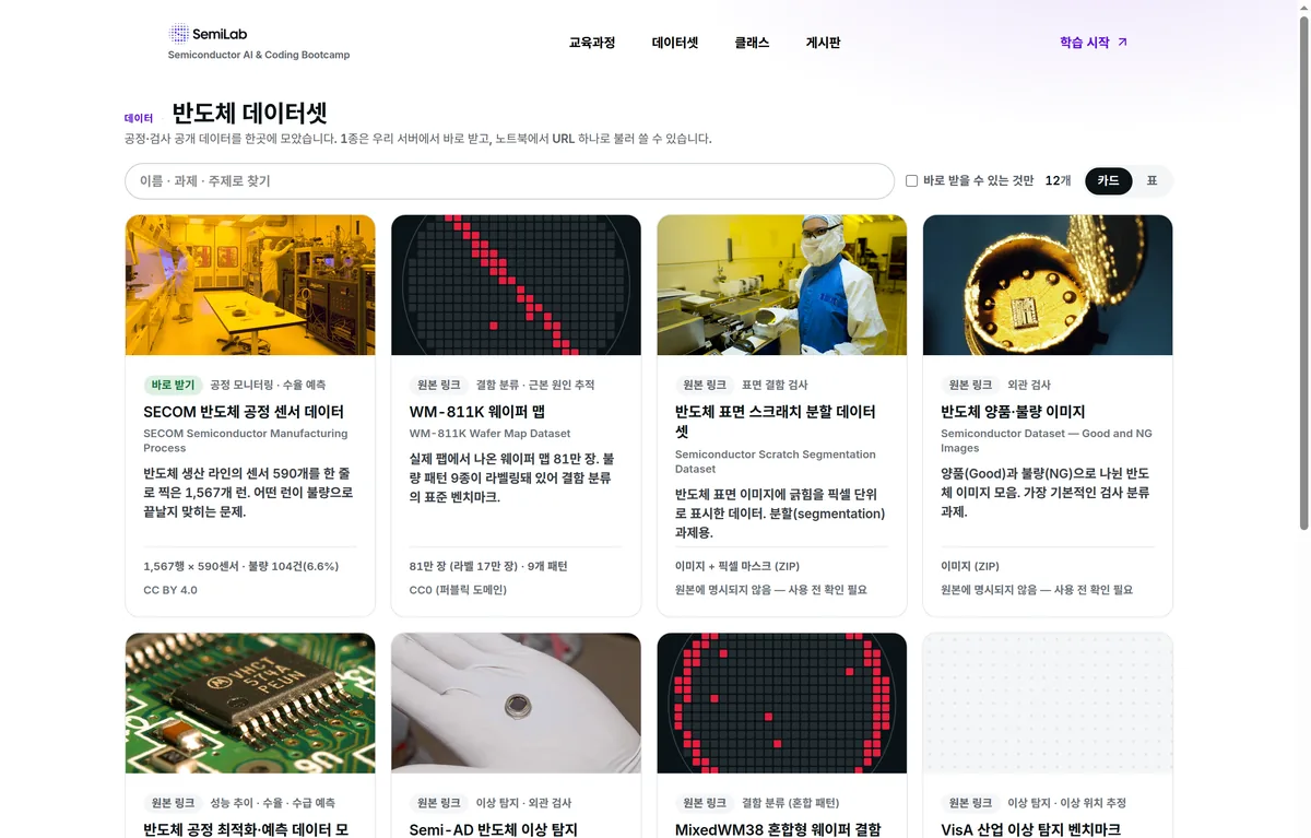 반도체 데이터셋 목록 화면