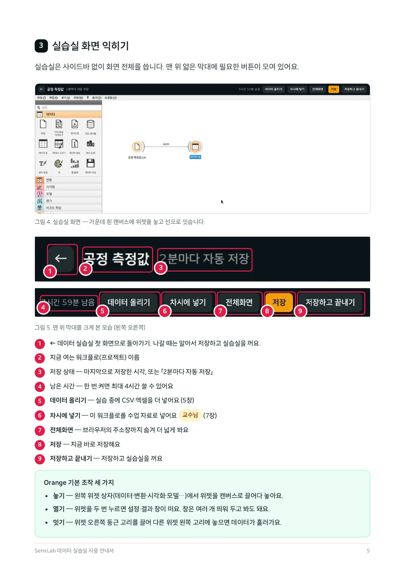 안내서 5쪽 — 3. 실습실 화면 익히기